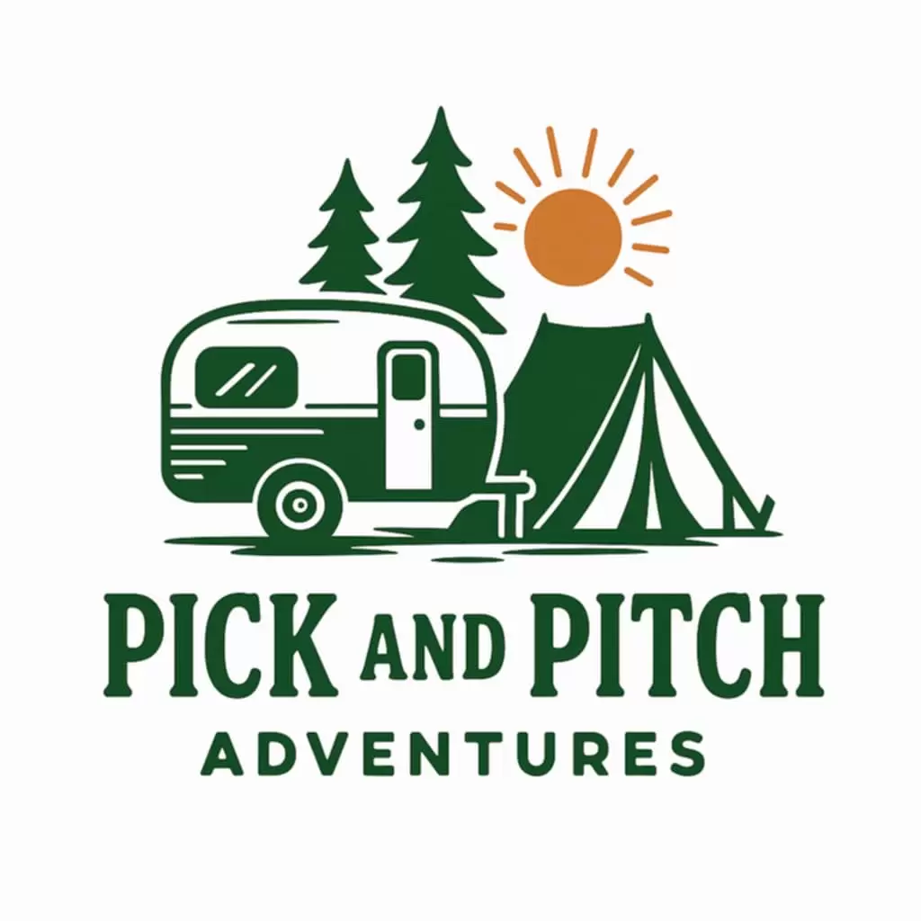Pick and Pitch Adventures Logo Green trees with green caravan and a green tent with a yellow sun