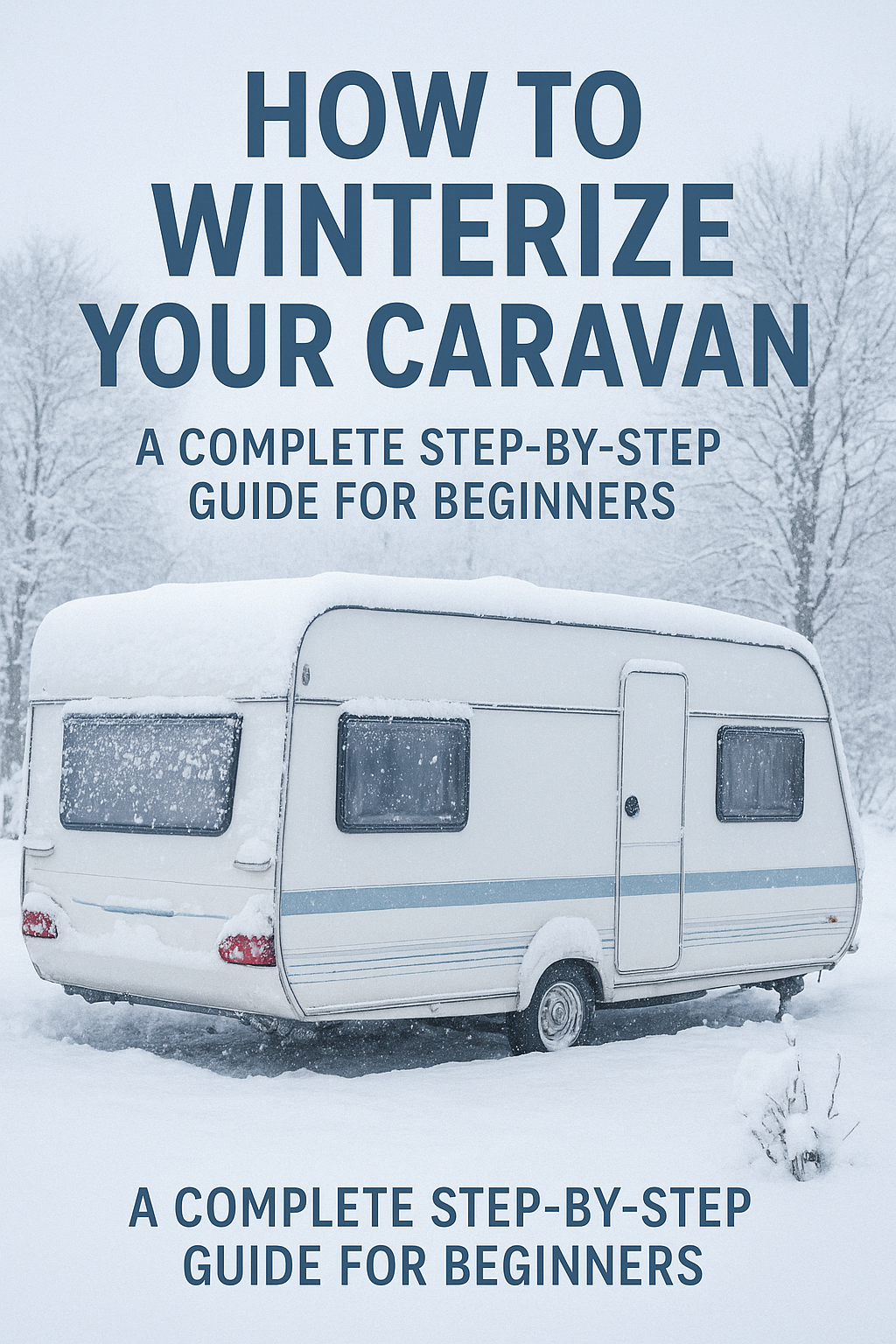 Caravan covered in snow parked in a winter landscape, illustrating how to winterize your caravan for cold weather